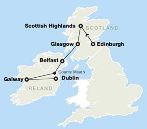 Map for Scotland and Ireland alumni trip