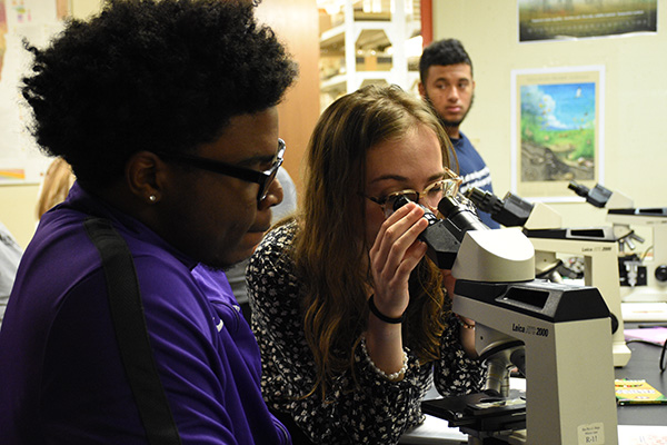 Students and microscope Students and microscope