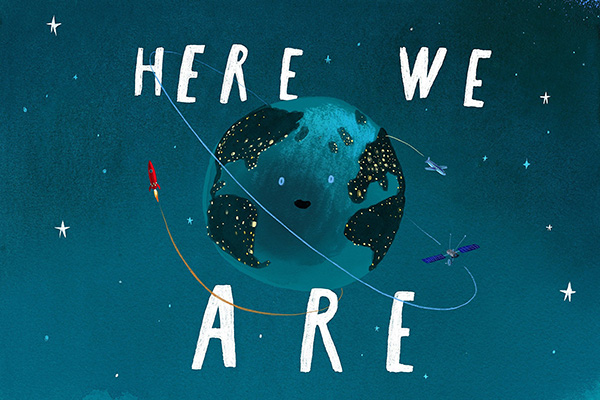 cover image of "Here We Are: Notes for living on planet earth" children's book cover image of "Here We Are: Notes for living on planet earth" children's book