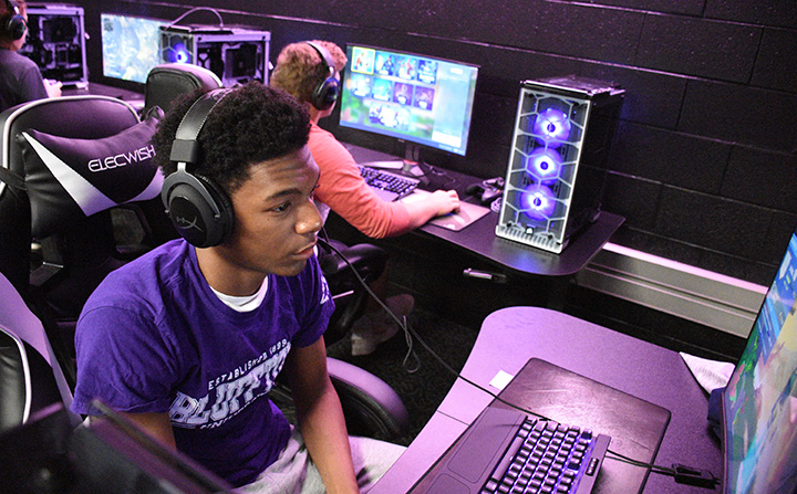 The Bluffton University Esports Center features custom built PCs with gaming monitors, gaming mice, gaming keyboards, gaming chairs and gaming headsets.