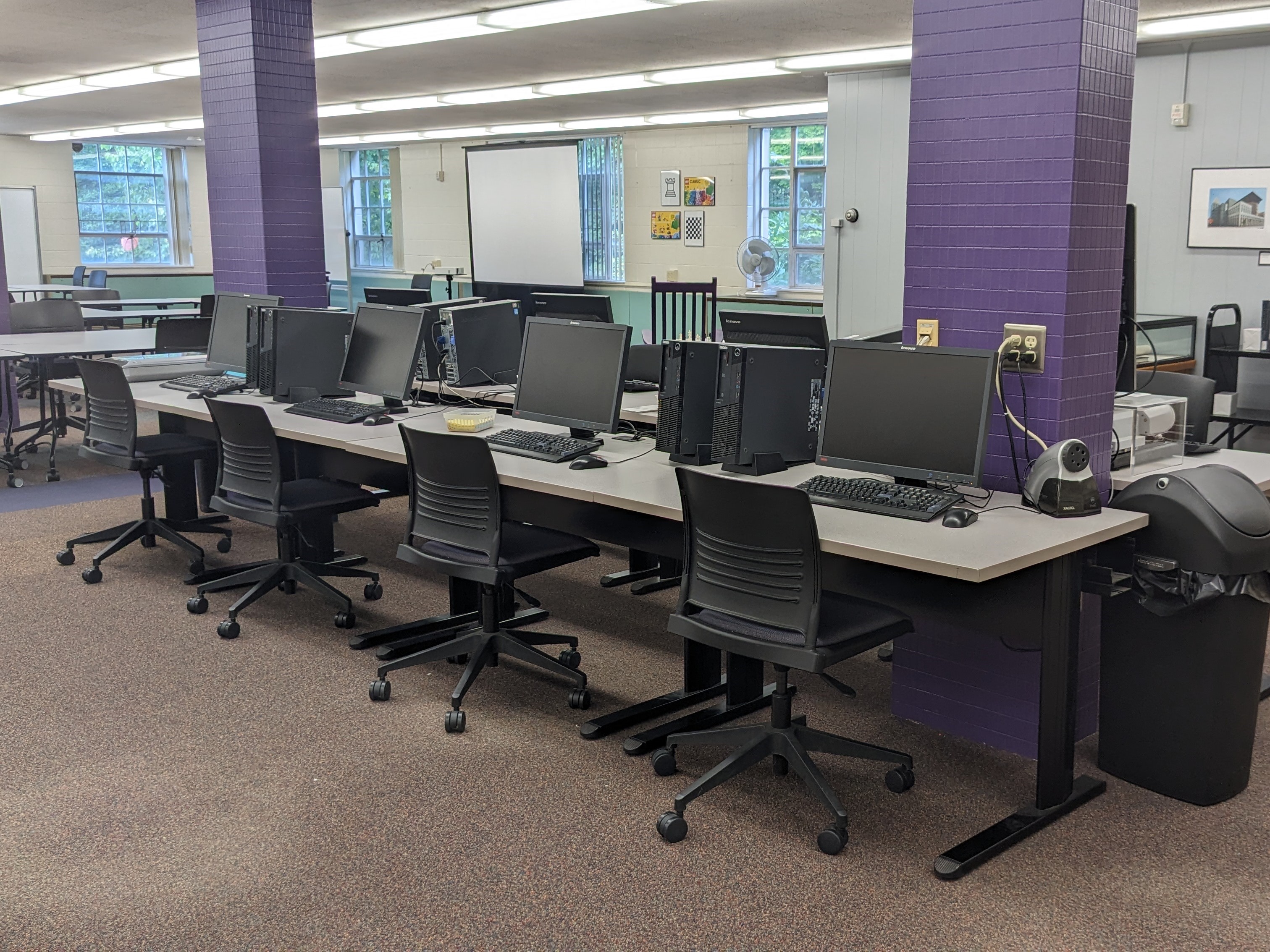 Computers can be found throughout the building; log in with your campus network credentials.  Or, bring your own device and use our wi-fi!