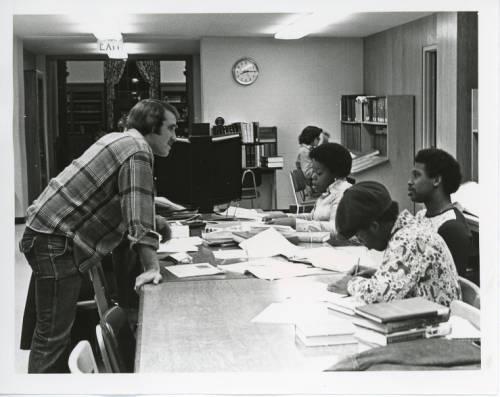 
Students studying on the main flooor of Musselman Library. Veiw is from the 1965 additon towards the Reading Room.