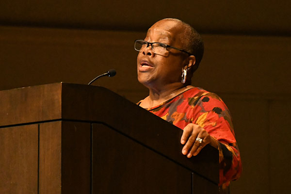Rev. Valerie Bridgman shared stories from her life including the integration of schools during her childhood and interacting with young gang members in Austin and Memphis.