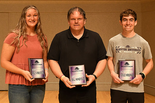 Kelly Armentrout, Bill Hanefeld and Cole Kropka received awards as outstanding athletes and contributions to Bluffton athletics.