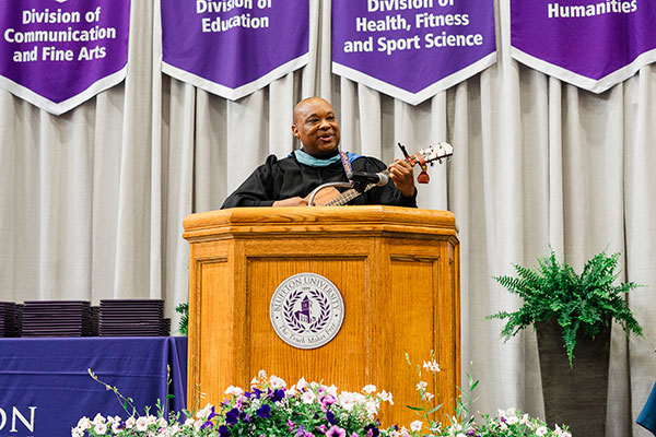 Commencement speaker Glen Guyton encouraged Bluffton’s graduates to celebrate, to acknowledge that growth is success.     photo by Beth Caroline Designs