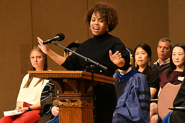 Bethny Ricks, 2006 Bluffton graduate and a member of the Bluffton Board of Trustees, presented at Opening Convocation and participated in a Q&A session with first year students.