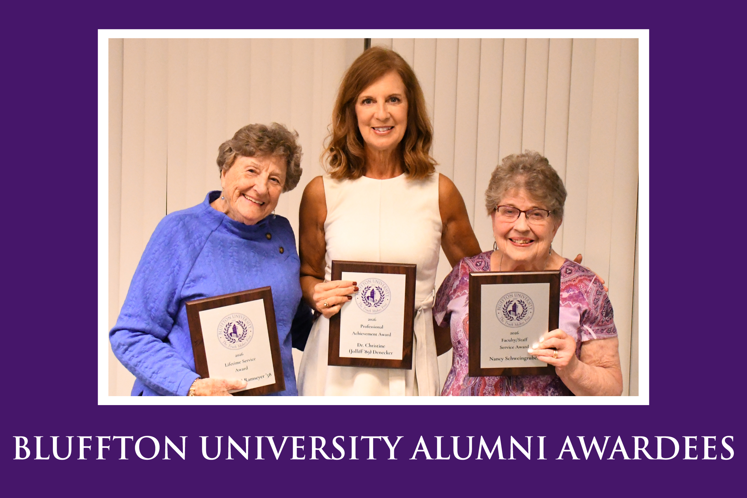 Recipients from left to right: Mary (Burry) Ramseyer ’58, Dr. Christine (Jolliff ’89) Denecker and Nancy Schweingruber