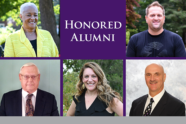 2022 Alumni Award recipients Kathy (Gaines ’78) Carr and Brandon Fretag ’08; and Athletics Hall of Fame inductees  Ed Smoker ’63, Denny Phillips ’79 and Alison (Lange ’05) Bentley