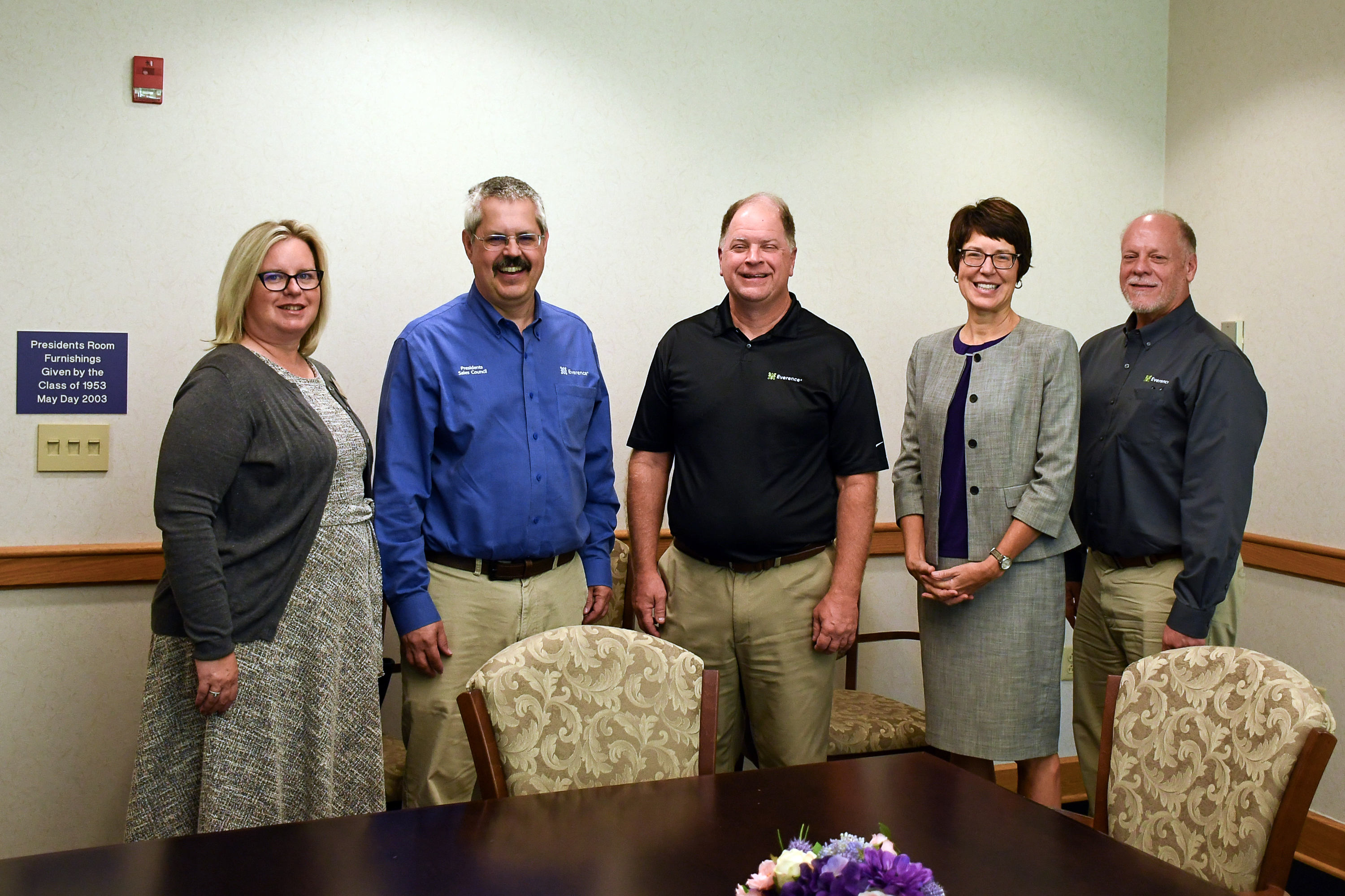 Robin Bowlus, vice president of advancement and enrollment management; Lyle Miller, Everence; Greg Liestman, Everence; Jane Wood, president; and Ed Basinger, Everence, following the gift presentation.